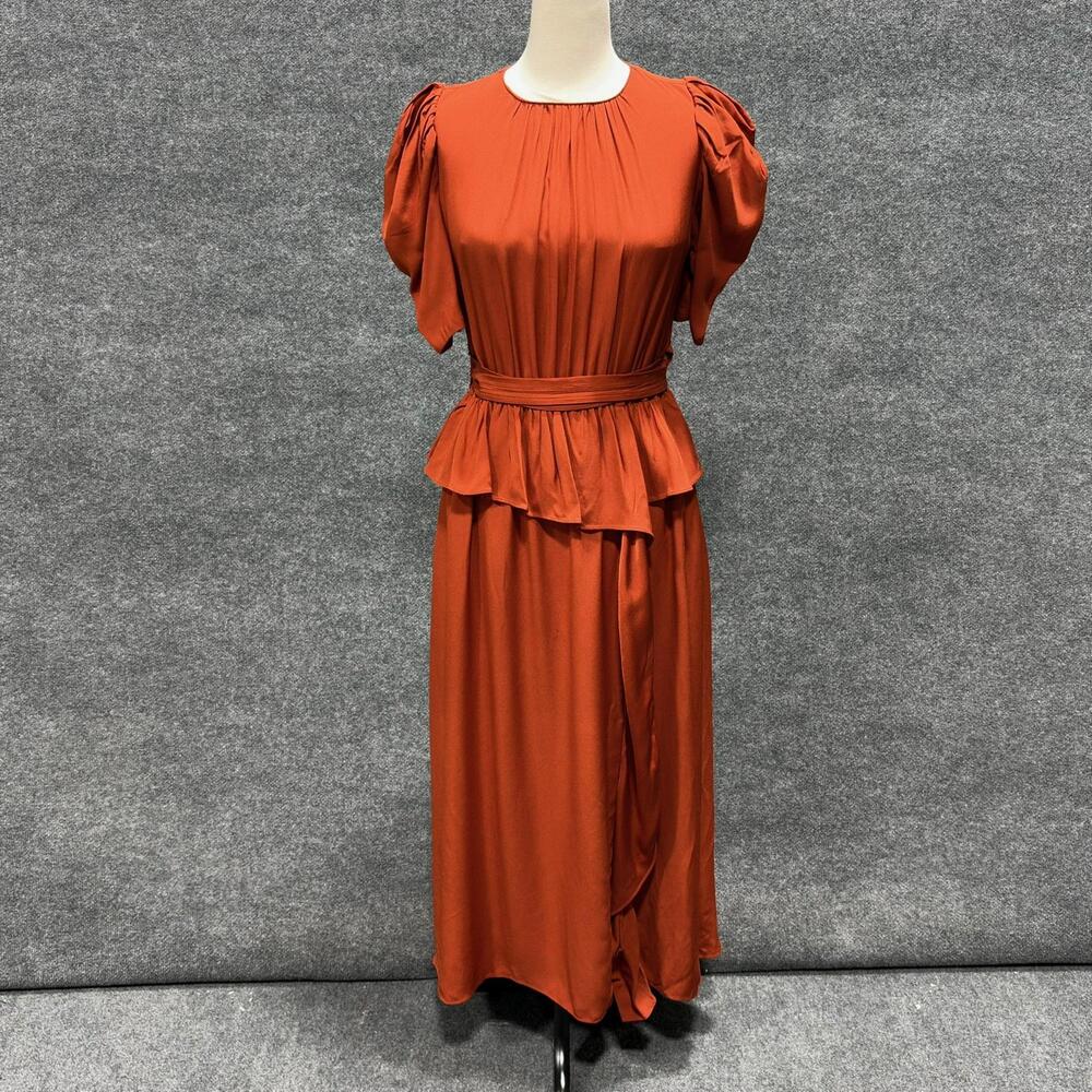 Ulla Johnson Dress Womens S Orange Puff Sleeve Peplum Wrap Maxi Ruffle Waist